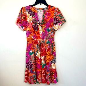 SALE Loft Patchwork Bloom Smocked Tie Waist Mini Dress Size Small